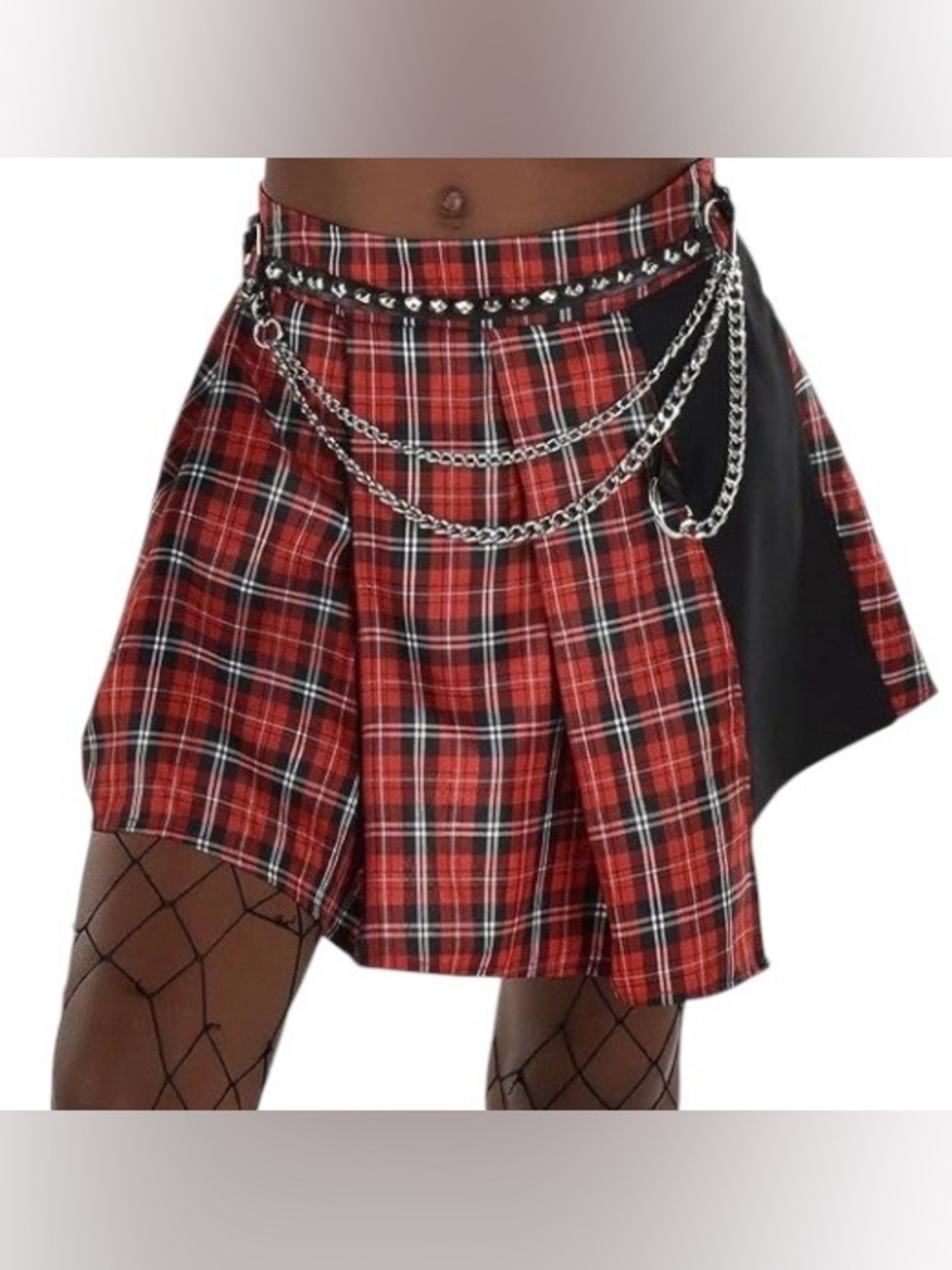 Red Plaid Chain-Accent Pleated Mini Skirt